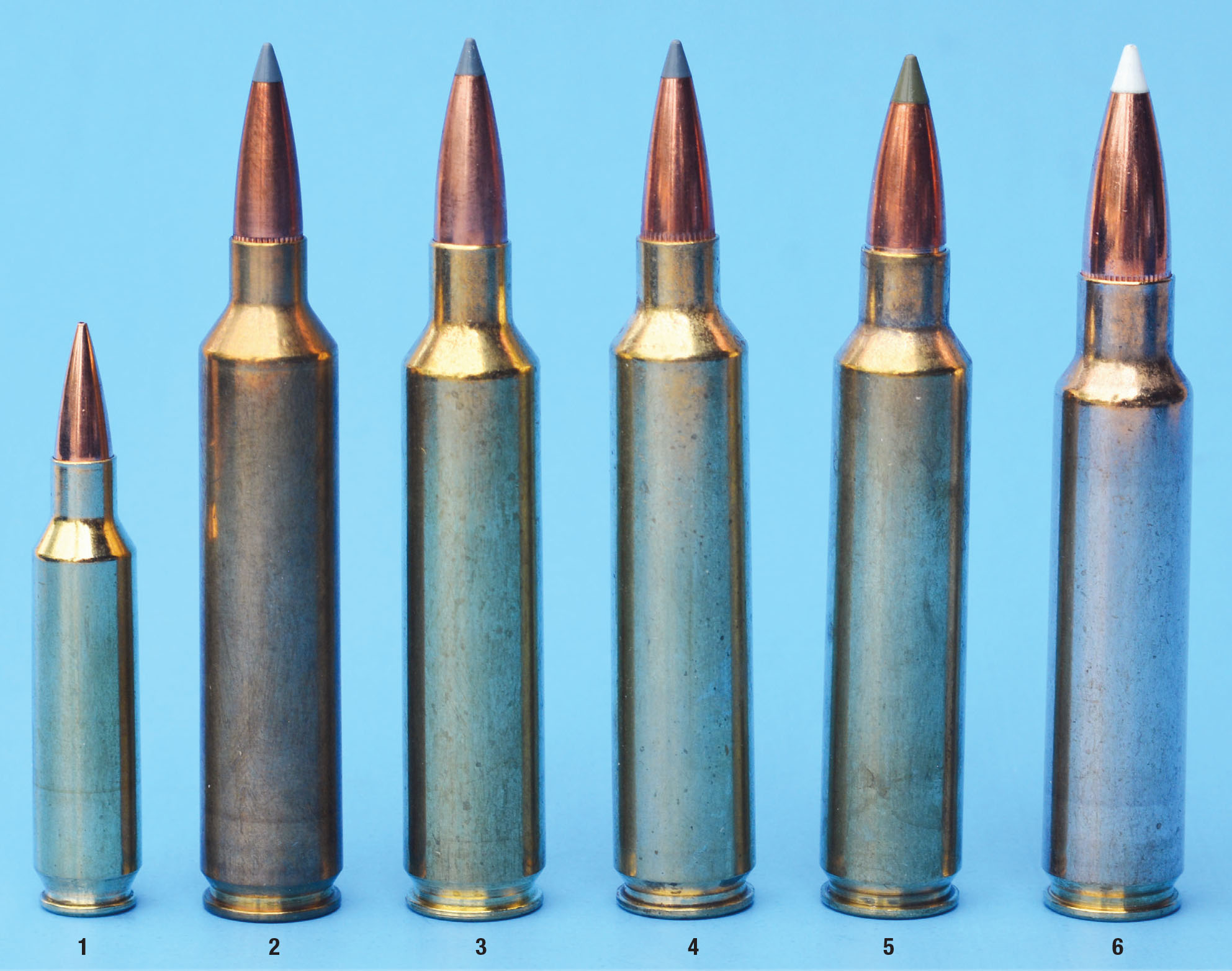 Nosler cartridges include the (1) .22, (2) .26, (3) .27, (4) .28, (5) .30 and (6) .33 Nosler. While the .22 was designed primarily for AR-pattern rifles, it makes a fine bolt-action cartridge. The remaining Nosler cartridges are based on the .300 Remington Ultra Magnum case, but with a 35-degree shoulder and with a shorter overall length of 3.340 inches, they will function in rifles with a .30-06-length action.